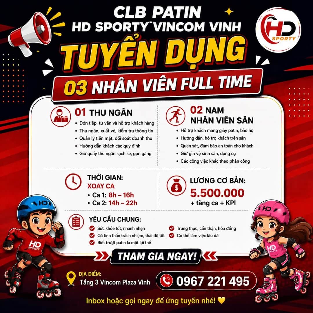 Ảnh 1 của Tuyển thu ngân và nhân viên sân tại CLB Patin HD Sporty Vincom Vinh