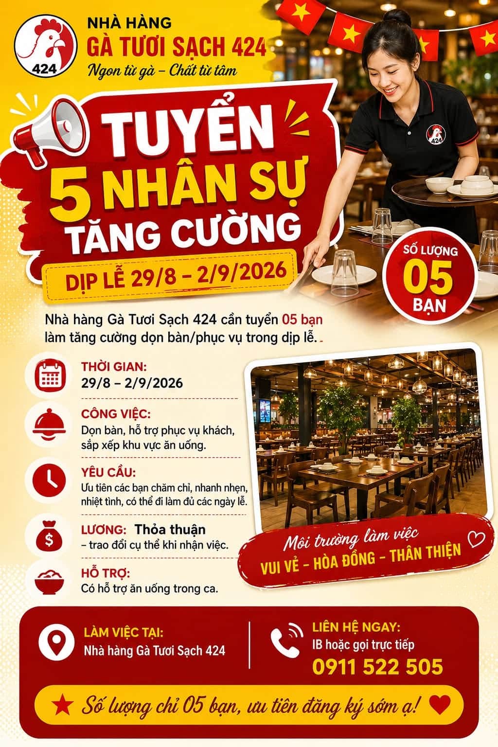 Ảnh 1 của Tuyển nhân viên phục vụ tăng cường dịp lễ tại nhà hàng Gà Tươi Sạch 424