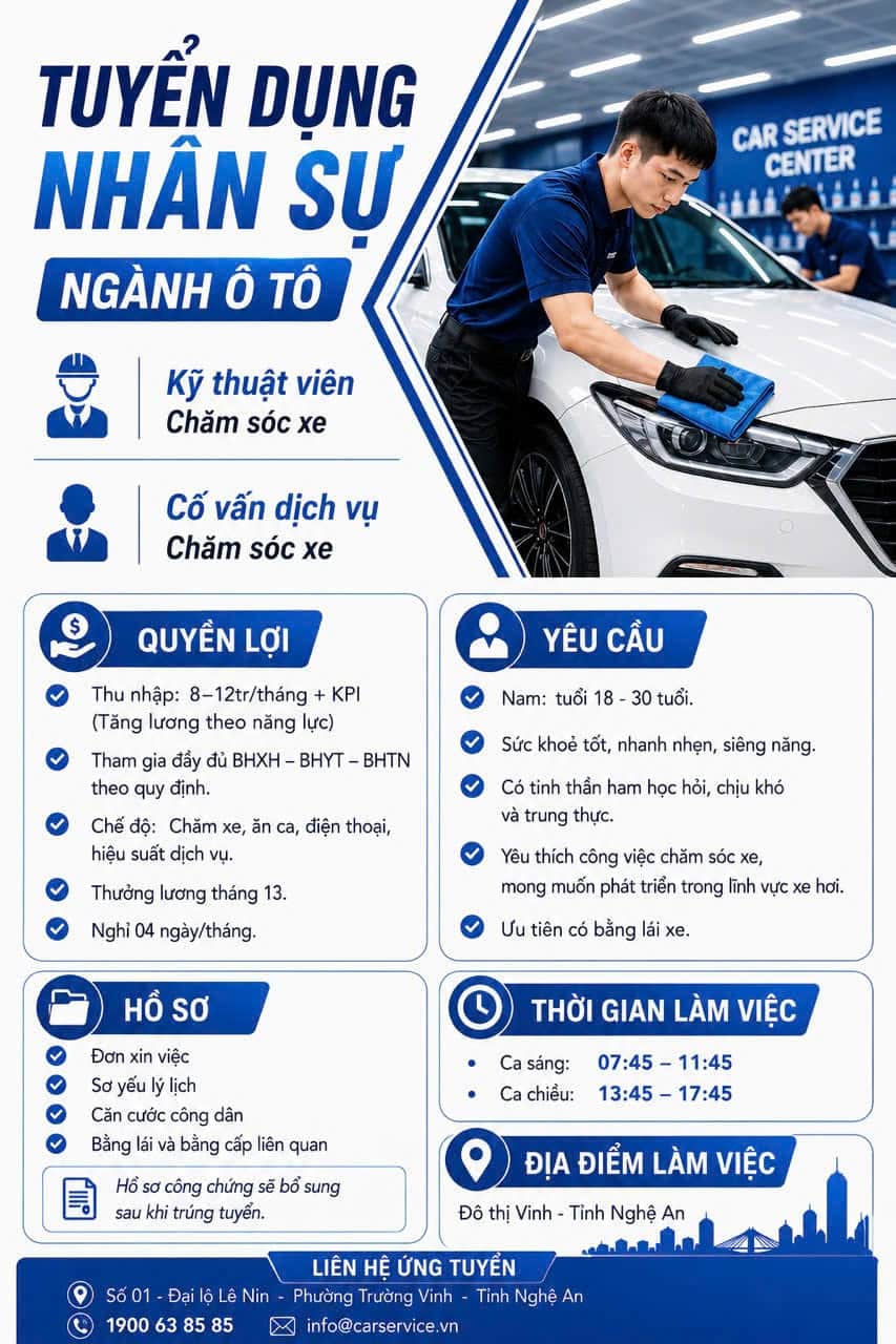 Ảnh 1 của Tuyển kỹ thuật viên và cố vấn dịch vụ chăm sóc xe tại Vinh