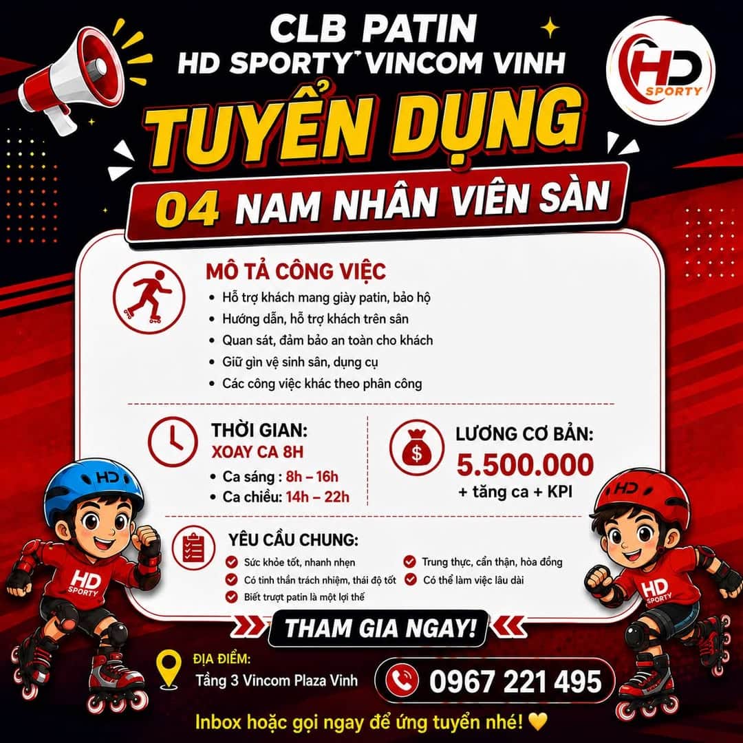 Ảnh 1 của Tuyển nam nhân viên sàn full-time tại HD Sporty Vincom Vinh