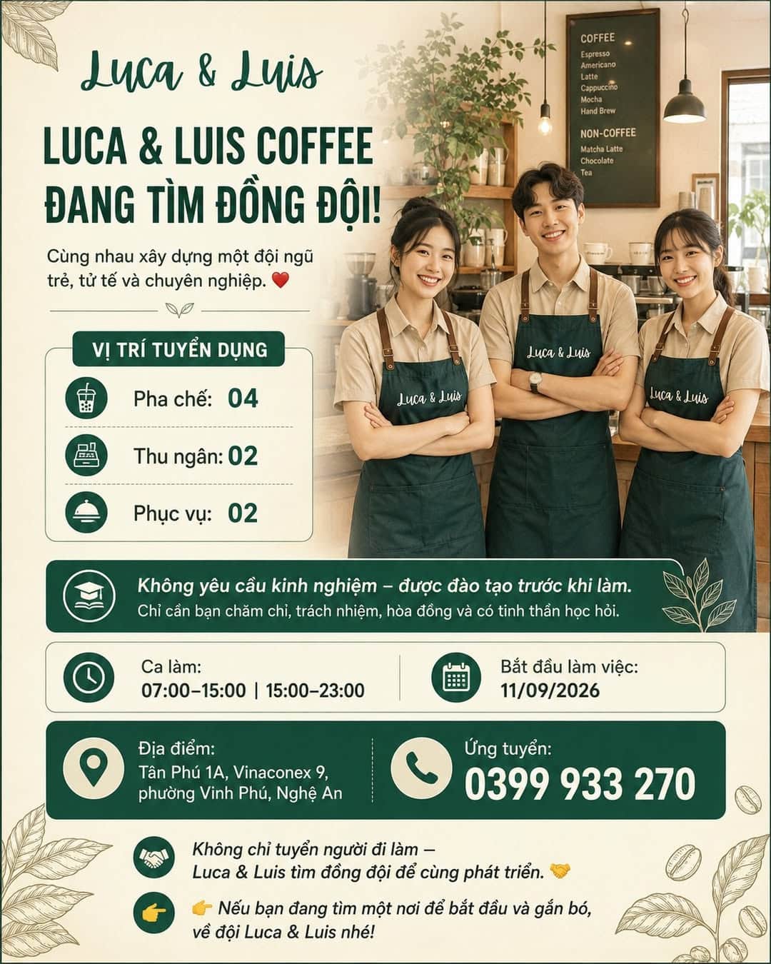 Ảnh 1 của Tuyển pha chế, thu ngân, phục vụ tại quán cà phê Luca & Luis Coffee, Vinh Phú, Nghệ An