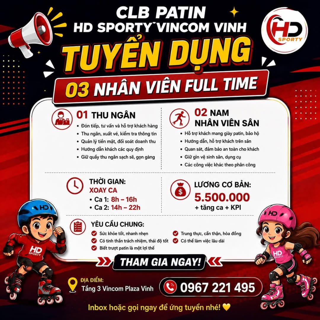 Ảnh 1 của Tuyển thu ngân và nhân viên sân tại CLB Patin HD Sporty Vincom Vinh