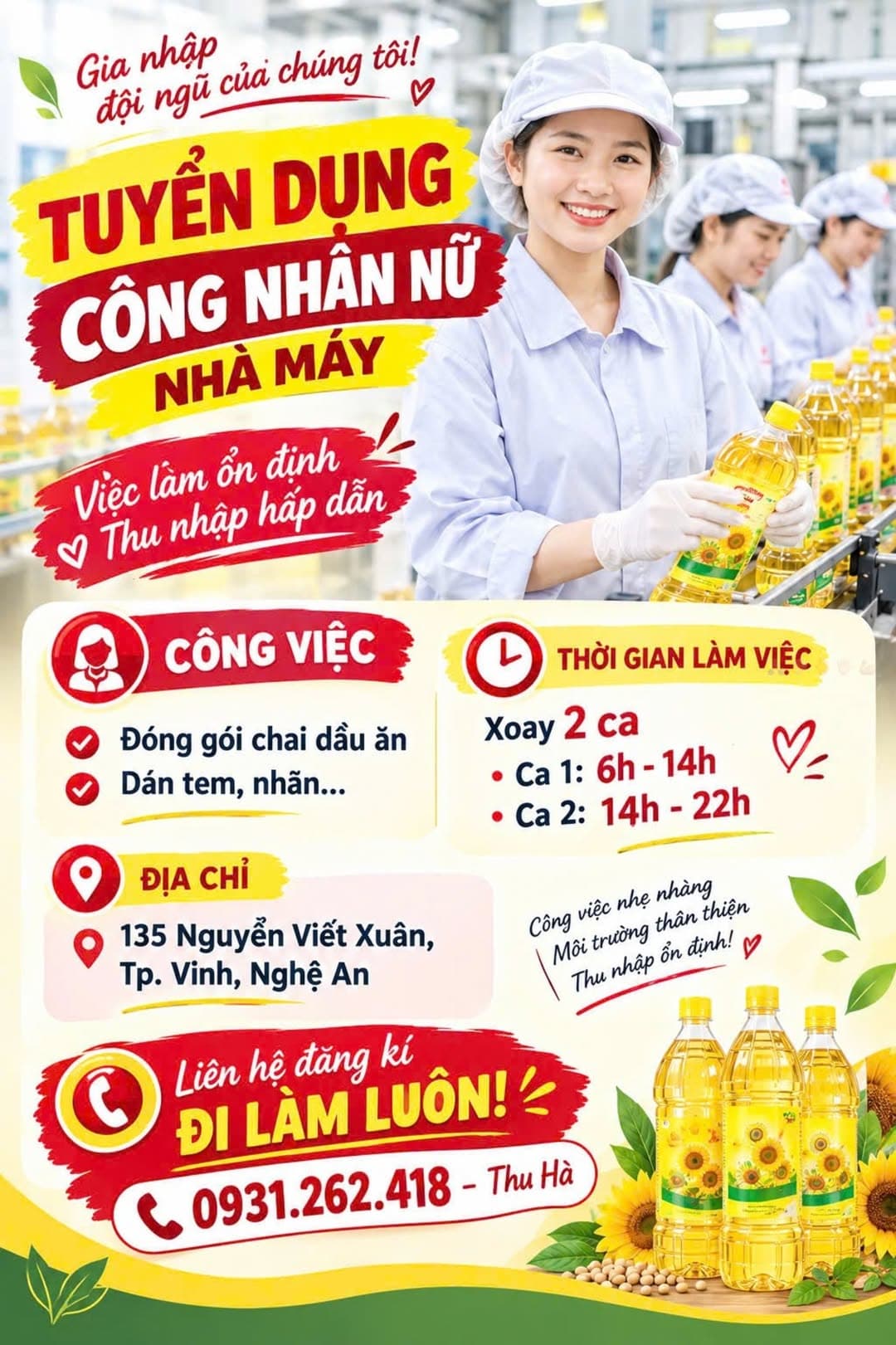 Ảnh 1 của Tuyển 5 nữ đóng gói dán nhãn chai dầu ăn tại Vinh