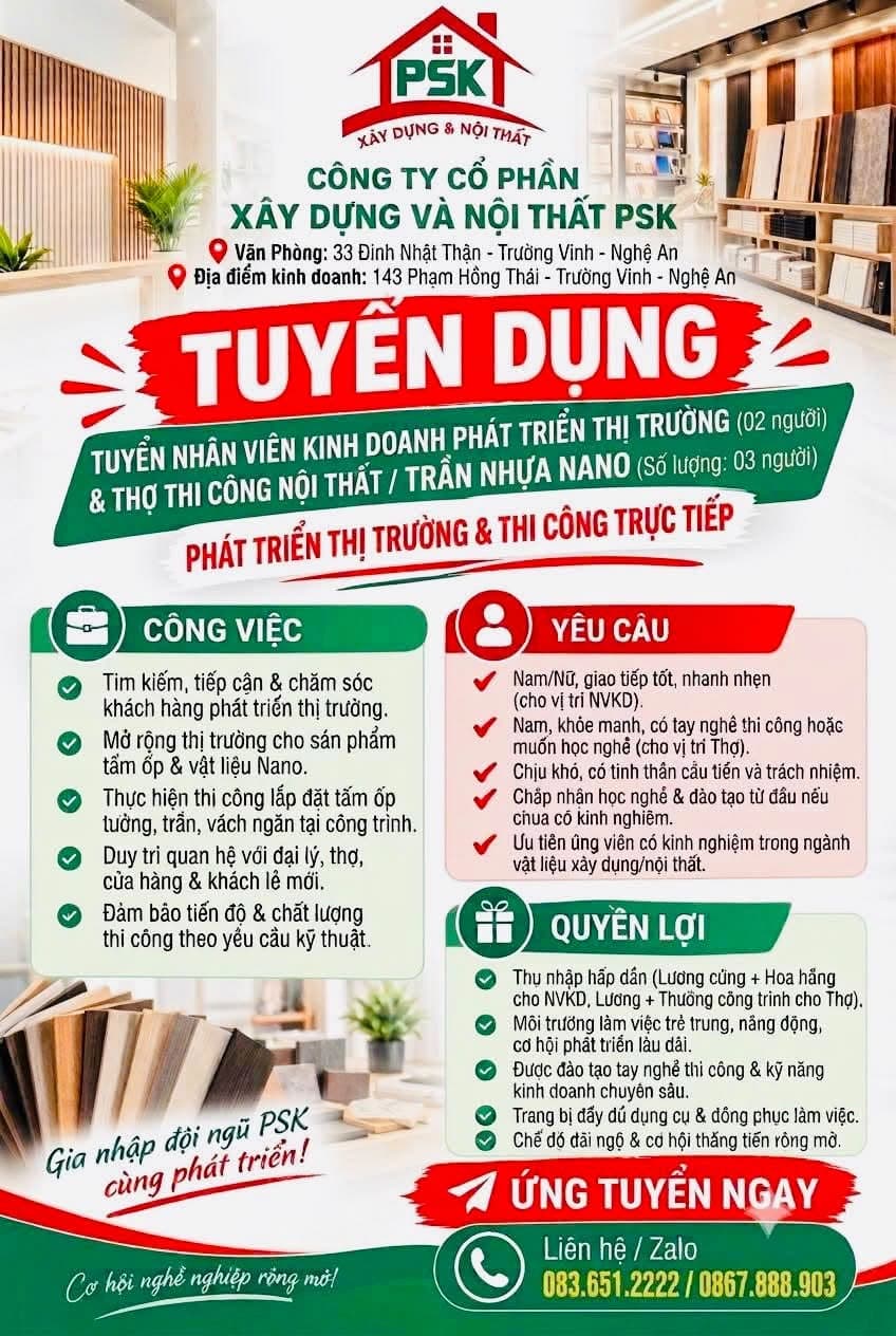 Ảnh 1 của Công ty PSK tuyển nhân viên kinh doanh và thợ thi công nội thất