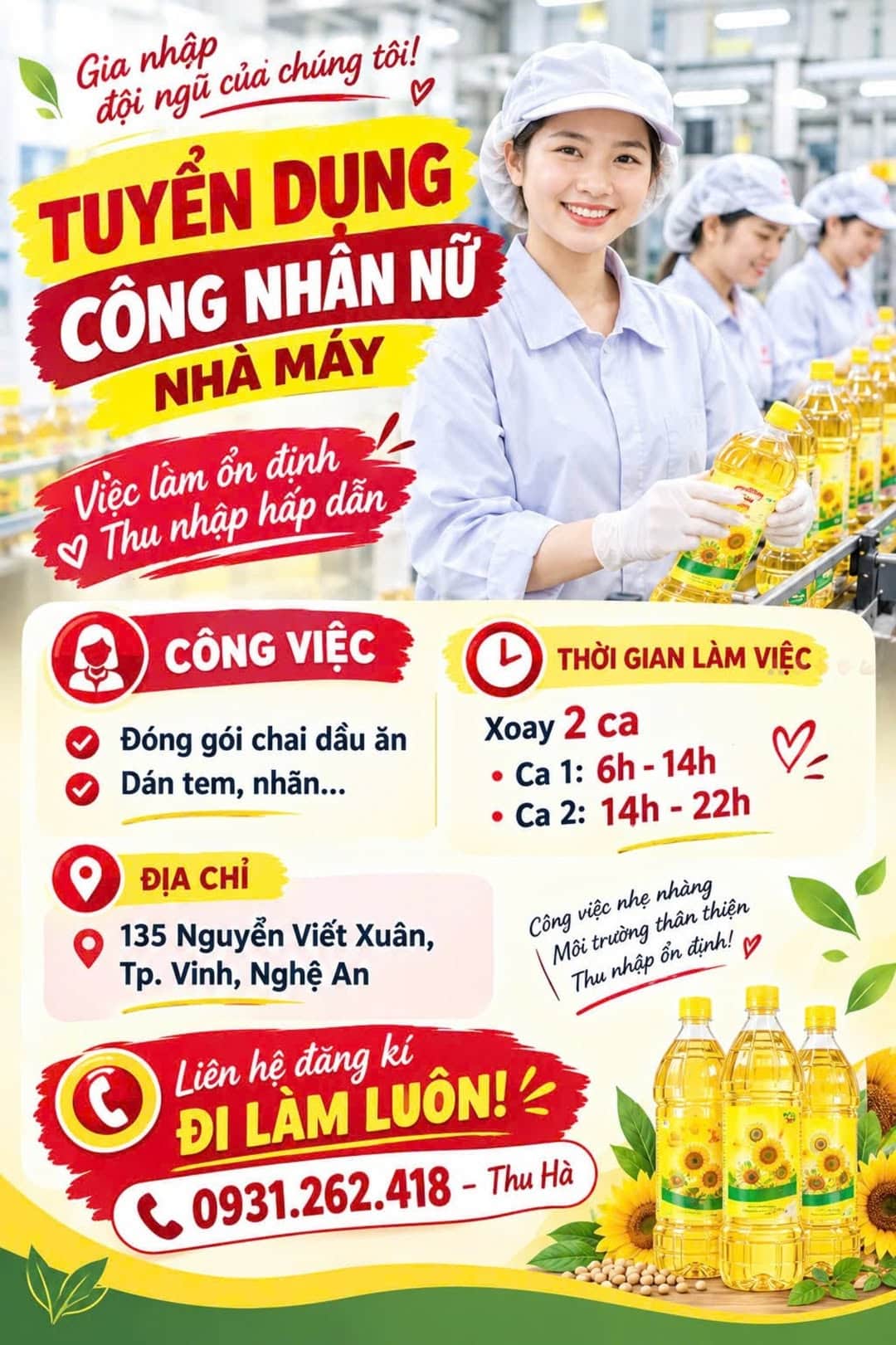 Ảnh 1 của Tuyển 5 nữ đóng gói dán nhãn chai dầu ăn tại Vinh
